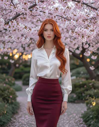 A woman with red hair is standing in front of a tree filled with pink flowers and wearing a white blouse and maroon skirt.