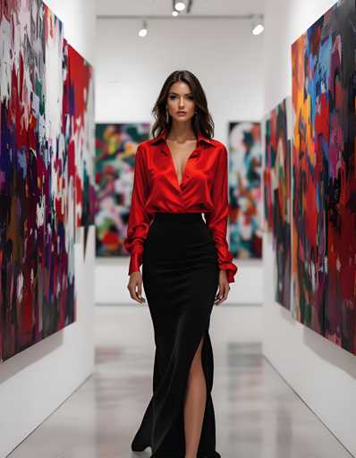 A woman is walking down an art gallery hallway wearing a red blouse and black skirt with high heels. The walls of the gallery are adorned with colorful paintings, creating a vibrant atmosphere.