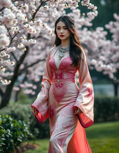 In this captivating photograph, a young Asian woman stands gracefully in a lush garden, framed by a backdrop of vibrant cherry blossom trees. She is adorned in a stunning, silky pink dress that features a low-cut V-neckline and long sleeves that elegantly flare out at the wrists. The dress is embellished with intricate floral patterns, adding a touch of delicate beauty to her ensemble. Around her neck, she wears a large, ornate silver necklace that complements her outfit perfectly. Her long, dark brown hair cascades down her back, and she wears striking red lipstick that enhances her serene expression. The woman's poised stance and the soft, natural light filtering through the cherry blossoms create a tranquil and enchanting scene.