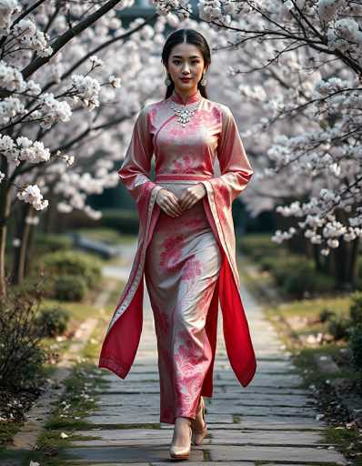 A young Asian woman, likely in her late teens or early twenties, is captured walking down a stone pathway lined with cherry blossom trees in full bloom. She is adorned in a traditional, silky pink kimono with a light beige background, featuring intricate floral and dragon designs. The kimono is complemented by a matching pink jacket with a red lining and a wide, ornate belt around her waist. Her long black hair is parted in the middle, and she wears dangling earrings that resemble flowers. She is also wearing a thick, ornate necklace with a silver design that extends down to her waist. Her hands are clasped together in front of her, and she is wearing beige high heels. The scene is set in a serene park, with the cherry blossoms creating a picturesque canopy over the pathway.