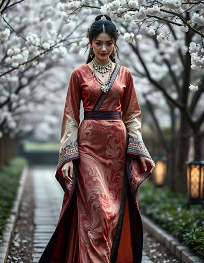 A woman in a beautiful red and cream Chinese Qipao dress stands gracefully on a pathway lined with blooming cherry blossom trees. She wears an elaborate pearl and jade necklace, her dark hair styled in a sophisticated updo adorned with delicate floral ornaments. The dress features intricate patterns and wide sleeves, creating a flowing silhouette. Soft, warm light filters through the blossoms, casting a gentle glow on the scene. The background is softly blurred, drawing focus to the woman and her elegant attire.