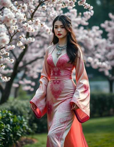 A woman is walking through a park with cherry blossom trees in the background. She is wearing a pink dress with a floral pattern and holding a bouquet of flowers.