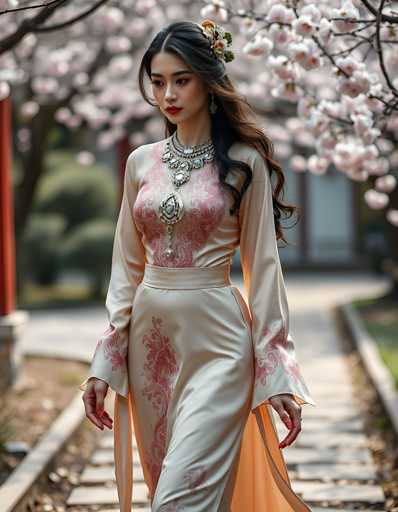 A woman is walking down a path lined with cherry blossom trees and red buildings. She is wearing an elegant white dress with pink floral patterns on the sleeves and skirt, and a gold necklace and earrings.
