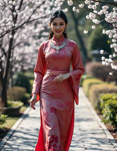A young Asian woman stands gracefully on a stone pathway, surrounded by lush greenery and vibrant flowers. She is dressed in a stunning, long pink dress adorned with intricate floral patterns. The dress features a high collar and long sleeves, cinched at the waist with a delicate pink belt. Her black hair is elegantly pulled back, and she wears a striking silver necklace that complements her outfit. The woman's warm smile and poised demeanor add to the serene and picturesque atmosphere of the scene.