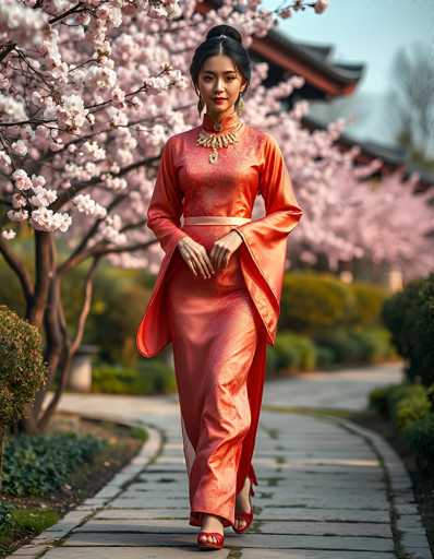 A captivating photograph features a young Asian woman, likely in her late teens or early twenties, elegantly dressed in a flowing, silky red gown. The gown, adorned with intricate floral patterns, includes a high collar and long sleeves that drape gracefully over her arms. A matching red belt cinches her waist, complementing the gown's rich texture. She stands poised on a stone pathway, her red high-heeled shoes adding a touch of modernity to her traditional attire. Her black hair is neatly styled in a bun, and she wears long, dangling earrings that frame her face. Her expression is serene, with a closed mouth and a hint of red lipstick. Surrounding her are lush green bushes and trees, with a striking pink flowering tree to her left. In the background, a traditional Asian building with a distinctive black roof and red accents peeks through the foliage, adding depth and context to the scene.