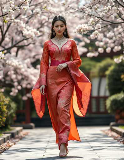 A young Asian woman, likely in her 20s, is captured walking barefoot down a stone pathway lined with cherry blossom trees in full bloom. She is adorned in a striking, silky red dress with intricate gold floral patterns and a V-neckline that extends down to her waist. The dress features long sleeves that flare out at the wrists, and a red sash cinches her waist. Her long black hair is parted in the middle, and she wears dangling earrings and a large, ornate necklace with a floral design. The woman's expression is serious, and she gazes directly at the camera. In the background, a traditional Japanese-style building with red wooden beams and white walls is partially visible, adding to the serene and picturesque setting.