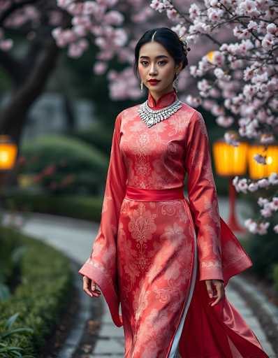 A captivating photograph features a young Asian woman, likely in her 20s, elegantly dressed in traditional attire. She stands on a stone pathway, framed by lush greenery and a tree adorned with delicate pink blossoms. The woman is wearing a striking red silk dress, intricately embroidered with white floral patterns. The dress has long sleeves that extend to her wrists, and a high collar that reaches up to her neck. A matching red sash cinches her waist, adding a touch of sophistication to her ensemble.

Her dark hair is styled in a neat bun, accentuated by a decorative clip on the right side. She wears long, dangling earrings that complement her look, and a prominent silver necklace with a large pendant rests around her neck. Her makeup is meticulously applied, featuring bold red lipstick that stands out against her fair complexion.

The background is softly blurred, drawing attention to her poised figure. To the left of the path, a well-manicured hedge and a tree with pink blossoms add to the serene setting. On the right side, a red pole with a yellow lantern hangs, casting a warm glow. Further in the distance, another yellow lantern can be seen, adding depth to the scene. The overall composition creates a harmonious blend of natural beauty and traditional elegance.