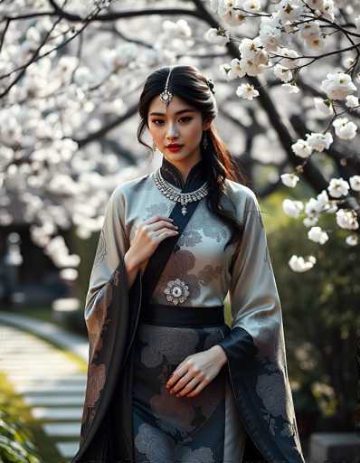 The image features a young Asian woman, likely in her late teens or early twenties, standing outdoors in front of a cherry blossom tree. She is dressed in a traditional kimono that is predominantly light gray with intricate black and brown floral patterns. The kimono is cinched at the waist with a black sash, and she wears a long, dark gray robe that drapes over her arms. Her long black hair is styled in a ponytail, and she wears a silver headpiece that extends down to her forehead, adorned with a jewel. She has on red lipstick and is looking directly at the camera with a composed expression. Her right hand is raised to her chest, while her left hand rests on her waist. The background is slightly blurred, highlighting the cherry blossoms and a stone pathway, adding to the serene and picturesque setting.