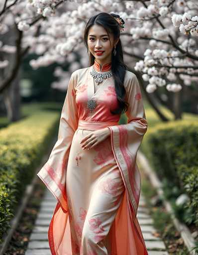 A young Asian woman stands gracefully on a stone pathway, framed by lush greenery and blooming cherry blossom trees. She is adorned in a stunning kimono, predominantly white with intricate pink floral patterns. The kimono features a pink sash around her waist and a V-neckline embellished with a large, ornate silver brooch. Her long, dark hair cascades over her left shoulder, and she wears a matching silver necklace with a prominent pendant. Her red lipstick and warm smile add to her elegant appearance. The background, though slightly blurred, reveals a serene park setting with trees and bushes, enhancing the tranquil and picturesque atmosphere of the scene.