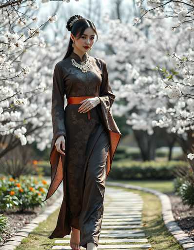 A woman in a traditional Chinese dress is walking on a path lined with blooming cherry blossom trees. The dress is brown with intricate floral patterns and a matching orange belt. She's wearing a large, ornate necklace and has her hair styled in an elegant updo. The background is softly blurred, drawing focus on the woman and her beautiful attire.