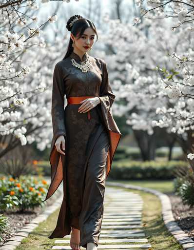 A woman is walking down a path lined with white flowers and trees. She is wearing a long brown dress with orange accents and has her hair styled in an elegant updo. The background features more of the same white flowers and trees that line the path she's on.