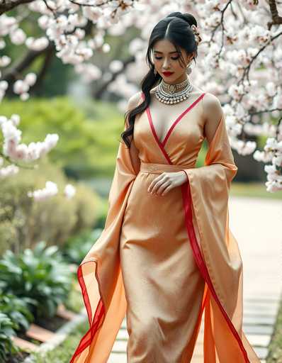 A woman is walking down a path through a garden, wearing an orange dress with a red belt and gold accents. She has her hair styled in an elegant updo and is carrying a small purse. The garden around her features white flowers blooming on trees, creating a serene and picturesque setting.