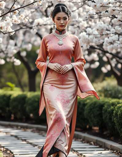 A young Asian woman stands gracefully on a stone pathway, surrounded by lush greenery and blooming white cherry blossom trees. She is adorned in a stunning, long pink dress that features intricate floral patterns and a high collar. The dress, which has a silky texture, is complemented by a flowing cape that drapes elegantly over her shoulders. Her dark hair is styled in an elegant updo, accentuated by a silver hair clip, and she wears long, dangling earrings that add to her regal appearance. Around her neck, she sports a thick, ornate silver necklace with a large pendant, adding a touch of opulence to her ensemble. Her hands are clasped together in front of her, and she gazes directly at the camera with a serene expression. The scene is bathed in natural light, highlighting the vibrant colors and the tranquil beauty of the setting.