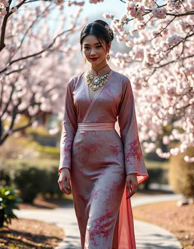 In this captivating photograph, a young Asian woman stands gracefully in front of a stunning cherry blossom tree, its branches adorned with delicate pink flowers. She is dressed in a flowing, long-sleeved pink satin gown that features a V-neckline and a sash around her waist, with a slight train trailing behind her. Her dark hair is elegantly styled in a bun, accentuated by a gold barrette, and she wears long, dangling gold earrings. Around her neck, she sports a large, ornate gold necklace with a prominent pendant. Her makeup is striking, with bold red lipstick that complements her serene expression as she gazes directly at the camera. The background is softly blurred, highlighting the tree and the winding concrete path that curves around her, adding depth to the scene. The overall composition exudes a sense of tranquility and timeless beauty.