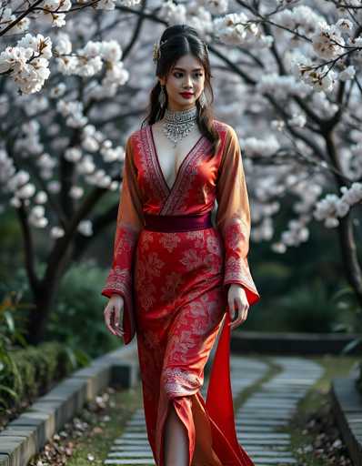 In this captivating photograph, a young Asian woman stands gracefully on a stone pathway, surrounded by the serene beauty of a garden. She is adorned in a stunning red kimono, intricately detailed with gold floral patterns and a flowing red sash cinched at her waist. The kimono's sleeves are a delicate light orange, adding a subtle contrast to the vibrant garment. Her long, dark hair is elegantly styled in an updo, with soft bangs framing her face and a few tendrils cascading down her shoulders. She wears a thick, ornate silver choker necklace that complements her long, dangling silver earrings, enhancing her regal appearance. Her lips are painted a striking red, and she gazes thoughtfully to the right. The background features a row of trees with dark brown trunks and branches adorned with clusters of white flowers, creating a picturesque and tranquil setting.
