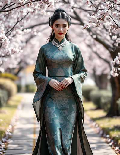 A woman is standing on a sidewalk under cherry blossom trees with her arms crossed and looking directly at the camera. She is wearing a long green dress with gold accents that flows down to her feet. The background features white buildings and pink flowers in full bloom.