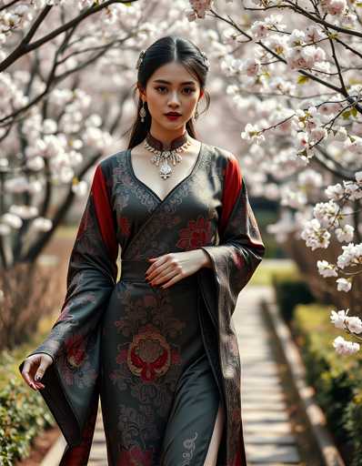 A woman is walking down a path lined with cherry blossom trees and white flowers. She is wearing a long, flowing dress with red and black floral patterns on the bodice and skirt, and a necklace around her neck. The background features more cherry blossoms in full bloom, creating a serene and picturesque setting for the woman's journey down the path.