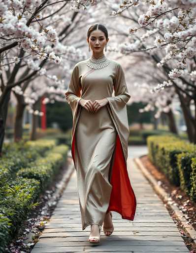 A young Asian woman, likely in her 20s, is captured walking down a wooden plank pathway in a park. She is elegantly dressed in a long, beige gown with a red lining that flows down to her ankles. The gown features a high collar and long sleeves, with a sash draped over her right shoulder. Her dark hair is pulled back into a ponytail, and she wears dangling earrings and a large, ornate necklace that resembles a choker. Her hands are clasped in front of her as she looks directly at the camera. The pathway is flanked by neatly trimmed hedges and trees adorned with white flowers, creating a serene and picturesque setting.