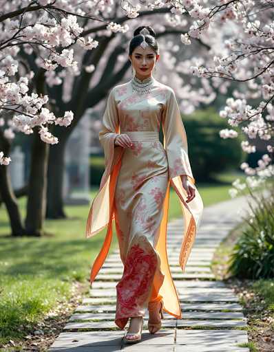 A young Asian woman, possibly Korean or Japanese, is elegantly walking down a stone pathway in a park. She is adorned in a traditional beige kimono with intricate pink floral patterns, featuring long sleeves and a high collar. The kimono's bottom is slightly flared, with a striking red floral design at the hem. Draped over her shoulders is a luxurious orange sash that complements her attire. Her black hair is styled in a bun, accentuated by a silver headpiece that extends down to her forehead. She wears long, dangling earrings and a thick, ornate silver necklace that adds to her regal appearance. Her high-heeled shoes are a delicate light pink. The background is softly blurred, highlighting the woman and the pathway, with a large tree adorned with white and pink blossoms on the left side. The scene is bathed in sunlight, enhancing the serene and picturesque atmosphere.