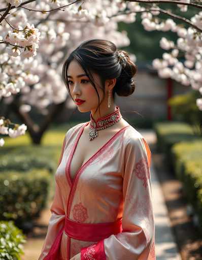 A young Asian woman stands gracefully in a serene garden, framed by a tree adorned with delicate white flowers. She is dressed in a traditional kimono, predominantly white with intricate pink floral patterns and red trim. The kimono features a V-neckline that reveals a hint of cleavage, and a red sash cinches her waist. Her dark brown hair is elegantly styled in a bun, with a few loose strands framing her face. She wears striking red lipstick and dangle earrings, adding to her refined appearance. Around her neck, she sports a thick, ornate red and silver choker necklace with a prominent pendant. The background is softly blurred, highlighting the lush greenery and a distant building, enhancing the focus on her poised and elegant figure.