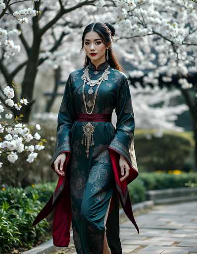 In this captivating photograph, a young Asian woman stands gracefully on a stone pathway, surrounded by lush greenery and blooming white flowers. She is adorned in a stunning, traditional Asian dress that features a rich teal color with intricate gold embroidery. The dress is accentuated by a striking red sash around her waist, which drapes elegantly over her shoulders and down her back. Her long, dark hair is styled in a bun, with delicate wisps framing her face, and she wears a touch of red lipstick that complements her serene expression. Around her neck, she sports a large, ornate silver necklace that adds a touch of regal elegance to her ensemble. The background, though slightly blurred, reveals a picturesque scene with trees, bushes, and a stone bench, enhancing the tranquil and timeless atmosphere of the image.