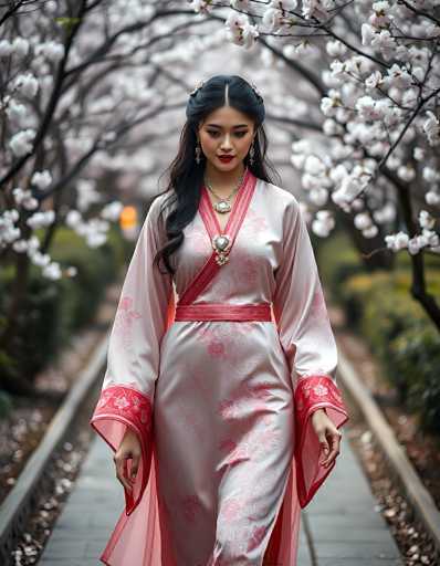 A young Asian woman, likely in her 20s, is captured walking down a serene pathway lined with cherry blossom trees in full bloom. She is adorned in a traditional kimono, predominantly white with delicate pink floral patterns. The kimono features a striking red sash around her waist and matching red cuffs on her sleeves. Her long, dark hair is elegantly styled with a middle part, and she wears a silver hair clip on each side. Her makeup is meticulously applied, with bold red lipstick and dangling earrings that add to her graceful appearance. She gazes downward, exuding a sense of calm and poise. The pathway beneath her is paved with gray stones, bordered by lush greenery and a few scattered leaves, enhancing the tranquil ambiance of the scene.