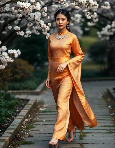 A captivating photograph features a young Asian woman, likely in her late teens or early twenties, with long black hair elegantly pulled back into a ponytail. She is adorned in a stunning, silky orange dress that exudes a regal and elegant aura. The dress is intricately designed with a high collar, long sleeves, and a flowing skirt that extends to the floor, complemented by a sash around her waist. Her ensemble is accentuated by a large, ornate necklace that adds a touch of grandeur to her appearance. She stands gracefully on a stone pathway, with her left foot poised on her toes and her right foot flat on the ground, exuding poise and confidence. The background is softly blurred, revealing a serene landscape with trees and a grassy area, enhancing the focus on her striking presence.