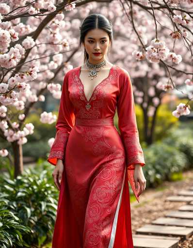 A captivating photograph features a young Asian woman, likely in her 20s, standing gracefully in a lush garden. She is adorned in a stunning, silky red dress that boasts intricate white floral and swirl patterns. The dress, which has a deep V-neckline and long sleeves, is cinched at the waist with a matching red belt. Her ensemble is complemented by a thick, ornate silver necklace that drapes elegantly over her chest, adorned with a prominent pendant. Her dark hair is pulled back, with delicate strands framing her face, and she wears striking red lipstick that enhances her serene expression. She stands with her left leg slightly bent, exuding poise and elegance. The background is a blur of vibrant greenery and pink cherry blossoms, adding to the ethereal quality of the scene. To her right, a stone pathway meanders through the garden, bordered by lush bushes and trees, creating a picturesque and tranquil setting.