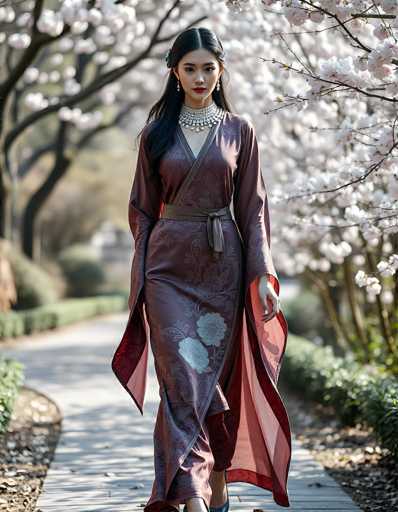In this captivating photograph, a young Asian woman stands gracefully on a concrete pathway, surrounded by the serene beauty of a park. She is adorned in a stunning, long burgundy dress that features an elegant floral pattern and is accentuated with a sash tied around her waist. The dress has a V-neckline and long sleeves, with a sheer overlay that adds a touch of ethereal elegance. Her dark hair is styled in a half-up, half-down fashion, with a clip adding a delicate touch. She wears a thick, ornate necklace that complements her outfit, along with dangling earrings that catch the light. Her makeup is meticulously applied, featuring bold red lipstick that stands out against her fair skin. The background is softly blurred, highlighting the lush greenery and trees with white blossoms that frame the scene. The woman's poised stance and serene expression make her the focal point of this beautifully composed image.