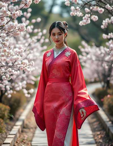 A young woman is walking down a path lined with cherry blossom trees and pink flowers. She is wearing a traditional Chinese dress that features red and white colors, with a long train trailing behind her. The woman has dark hair styled in an elegant updo, and she carries a small purse on her shoulder.