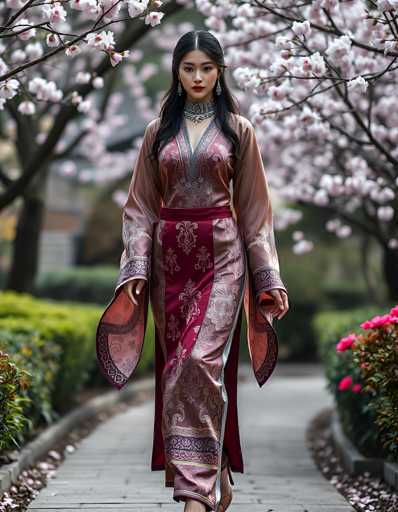A captivating photograph features a young Asian woman, likely in her early 20s, standing gracefully on a wooden pathway. She is adorned in a stunning, silky dress that combines shades of pink and purple, embellished with intricate floral patterns. The dress is complemented by a matching sash that cinches at her waist, adding a touch of elegance. Her long, flowing black hair cascades down her shoulders, framing her face, which is accentuated by striking red lipstick. She accessorizes with a thick, ornate silver necklace that adds a touch of regal flair. The background is a serene blur of lush greenery, with trees adorned with delicate white and pink blossoms, and vibrant pink flowers in the bottom right corner. The pathway beneath her feet is made of wooden planks, bordered by a curb, enhancing the natural beauty of the scene.