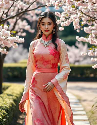 A young woman is walking down a path lined with cherry blossom trees and bushes. She is wearing a pink dress with white floral patterns on the bodice and skirt, and a gold necklace and earrings. The background features a garden setting with more cherry blossoms in full bloom.
