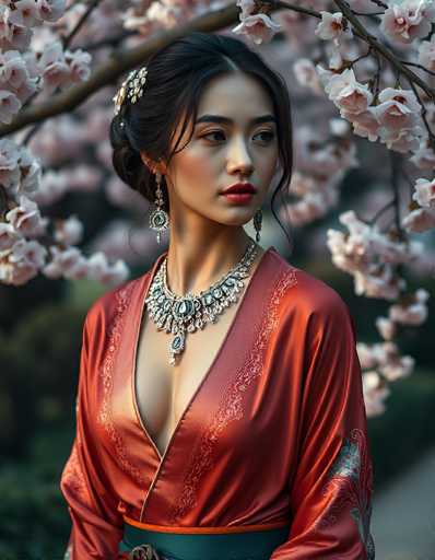 The image depicts a young Asian woman, likely in her early 20s, standing outdoors in front of a tree adorned with pink cherry blossoms. She is wearing a luxurious, silky red robe with intricate lace detailing around the collar and sleeves. The robe features a low-cut neckline, revealing a hint of cleavage, and is cinched at the waist with a dark green sash. Her dark black hair is styled in a bun, accentuated by a silver hair clip, and she wears long, dangly earrings with blue and green stones. Around her neck, she sports a large, ornate necklace with a prominent blue stone at its center, surrounded by smaller stones and hanging crystals. The background is blurred, emphasizing the woman and the cherry blossoms, with hints of green foliage and a gray sidewalk. The overall scene exudes a sense of elegance and tranquility.