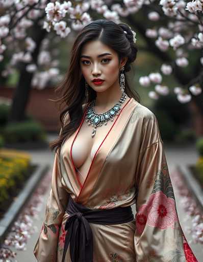 A captivating photograph features a young Asian woman, likely in her early 20s, standing outdoors in front of a tree adorned with delicate white and pink blossoms. She is dressed in a stunning, silky beige kimono adorned with intricate floral patterns in shades of pink, green, and black. The kimono is accentuated with a black sash tied around her waist, and a striking red border that runs down the front, revealing a glimpse of her cleavage. Her long, dark brown hair is elegantly styled with a clip on the right side, while the rest cascades down her shoulders. She wears long, dangling earrings that complement her ornate necklace, which features a prominent blue stone at its center. Her makeup is meticulously applied, with bold red lipstick and carefully lined eyes, enhancing her natural beauty. The background, though blurred, reveals a sidewalk bordered by lush greenery and more trees, adding to the serene and picturesque setting.