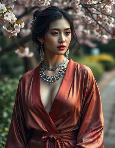 A woman is captured in a moment of quiet contemplation under the sheltering canopy of cherry blossom trees. She wears an ornate red kimono with a matching red headpiece and earrings that glint subtly against her skin. The tree branches above her are heavy with blossoms, their delicate petals falling like snowflakes onto the ground below.
