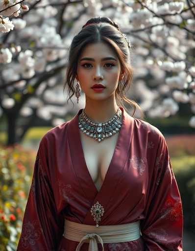 A woman in a deep burgundy robe with intricate floral patterns, adorned with a large, ornate silver and gemstone necklace. She has long, dark hair styled in an elegant updo with loose strands framing her face. Her makeup is bold, featuring deep red lipstick and defined eyes. She's wearing delicate silver earrings and a matching belt with a large, jeweled buckle. The background is softly blurred, showing a beautiful cherry blossom tree in full bloom with pink and white blossoms. The overall lighting is soft and warm, creating a dreamy, romantic atmosphere.