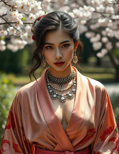 A stunning portrait of a young woman in an elegant, flowing peach robe, adorned with intricate silver and diamond jewelry. She's positioned in front of a blossoming cherry tree, her gaze direct and captivating. The soft lighting enhances the luxurious fabric and delicate details of her attire, creating a dreamy, romantic atmosphere.