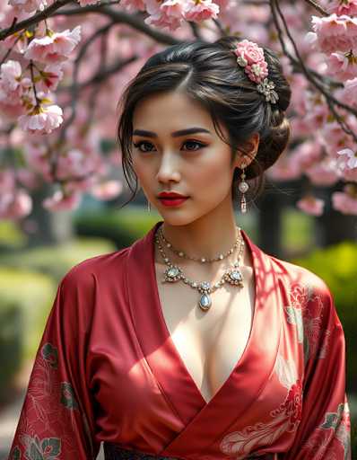 The image depicts a young Asian woman, likely in her 20s, standing in front of a cherry blossom tree. She is wearing a silky red kimono adorned with intricate floral patterns, including white and green flowers. Her dark brown hair is styled in an elegant updo, with a few strands framing her face. She has a fair complexion and is wearing striking red lipstick. Her accessories include a pair of long, dangling earrings with a silver ball and a floral design, and two necklaces: a choker-style necklace with small white pearls and a second necklace featuring a teardrop-shaped pendant with a blue stone and diamond accents. The background is blurred, highlighting the tree's delicate pink blossoms and some green foliage, creating a soft, dreamy atmosphere. The woman is looking slightly to the left, not directly at the camera, adding a touch of serenity to the scene.