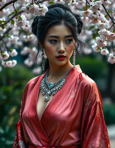 A captivating photograph features a young Asian woman, likely in her early 20s, standing in front of a tree adorned with delicate white flowers. She is dressed in a luxurious, silky red robe that drapes elegantly over her shoulders, with a deep V-neckline that reveals a hint of cleavage. The robe is adorned with intricate white floral patterns, adding to its opulent appearance. Around her neck, she wears a striking silver necklace, embellished with turquoise and blue stones, which adds a touch of regal elegance to her ensemble. Her long, dark hair is styled in an elegant updo, with a few loose strands framing her face. She gazes thoughtfully to the right, her expression serene and contemplative. The background is softly blurred, drawing attention to her poised figure and the delicate floral backdrop.