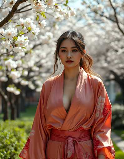 A woman in a peach-colored kimono is standing outdoors, surrounded by cherry blossom trees. The focus is on the woman's face and upper body, while the background is softly blurred to create a shallow depth of field. The kimono has a deep V-neck and wide sleeves, with floral patterns on the fabric. She is wearing a matching belt tied around her waist. Her hair is styled in loose waves, and she has a subtle makeup look. The lighting is soft and natural, highlighting the delicate details of the kimono and the woman's features. The overall mood is serene and elegant, capturing the beauty of springtime in a Japanese garden.