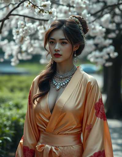 A young woman with long brown hair is standing in front of a tree adorned with white flowers and wearing an orange kimono with red accents. She has her hair styled in an elegant updo and is wearing a necklace that features large, sparkling stones. The background shows a serene park setting with trees and bushes.
