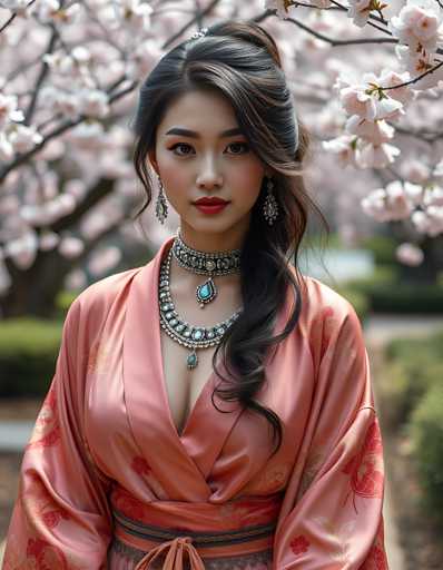 A woman is standing in front of a cherry blossom tree with pink flowers and wearing a pink kimono with gold accents. She has dark hair styled in loose waves and is wearing a necklace and earrings.