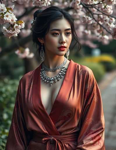 A beautiful woman with long, dark hair styled in an elegant updo is wearing a luxurious, deep red satin robe adorned with intricate gold patterns. She's adorned with multiple layers of ornate silver and gemstone necklaces, and large, dangling earrings. Her makeup is sophisticated, with a bold red lipstick and defined eyes. She's looking off to the side with a serene expression, her gaze soft yet captivating. The background is softly blurred, showing a blossoming cherry tree with delicate pink flowers and lush green foliage, suggesting a springtime setting. The overall lighting is soft and warm, enhancing the luxurious feel of the image.