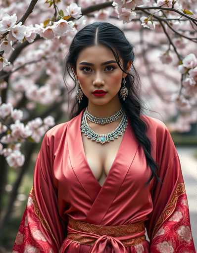 A woman is standing in front of a tree with pink flowers and wearing a red kimono with gold accents. She has dark hair styled in an updo and is wearing earrings and a necklace.