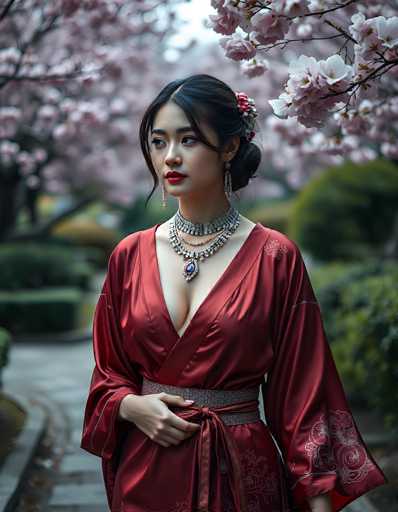 A portrait of a young woman in a deep red silk robe, standing gracefully amidst cherry blossom trees. She is wearing a multi-layered silver necklace with a large blue gemstone, and her hair is styled in an elegant updo adorned with pink cherry blossoms. Her makeup features bold red lipstick, and she gazes off to the side with a serene expression. The background is softly blurred, emphasizing her presence and creating a dreamy atmosphere.