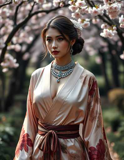 A woman in a luxurious silk kimono-style robe, adorned with intricate floral patterns and a matching belt, stands gracefully amidst a blooming cherry blossom tree. She wears a stunning statement necklace with large blue gemstones and delicate earrings, her dark hair styled in an elegant updo adorned with a white flower. Her expression is serene and captivating, her gaze directed slightly off-camera. The background is softly blurred, emphasizing the woman as the focal point and creating a dreamy, romantic atmosphere. The lighting is soft and diffused, highlighting the rich textures of the silk fabric and the delicate details of her jewelry.