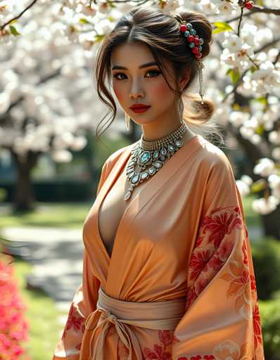 A woman is standing in front of a tree with white flowers and wearing an orange kimono with red and pink floral patterns. She has her hair styled in an updo and is wearing a necklace and earrings.