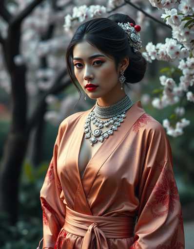 A woman is standing against a backdrop of cherry blossom trees and white flowers. She is wearing an orange kimono with red and gold accents, and her hair is styled in an elegant updo. The woman is also wearing a necklace and earrings that are made of silver and gold.