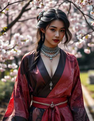 A young Asian woman stands gracefully in front of a tree adorned with delicate pink and white blossoms, likely cherry blossoms. She is dressed in a striking red kimono with intricate black and white floral patterns, featuring a low-cut V-neckline and long sleeves. The kimono is cinched at the waist with a red sash, which is further accentuated by a gold rope tied around it. Her dark hair is elegantly styled, with a braid cascading over her right shoulder and adorned with a silver hair clip embellished with red jewels. She wears long, dangling earrings and a multi-layered choker necklace that appears to be made of diamonds, adding a touch of sparkle to her ensemble. Her makeup is subtle yet striking, with red lipstick and a hint of blush on her cheeks, complementing her serene and poised expression as she gazes directly at the camera.