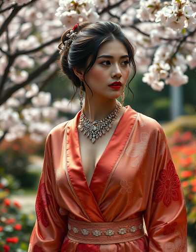 A beautiful woman in a coral-colored silk robe, adorned with intricate floral patterns and a matching jeweled necklace, stands in a garden filled with blooming cherry blossom trees. She has long, dark hair styled in an elegant updo, and her makeup is bold with a deep red lip. She gazes off to the side with a serene expression, her hand gently holding a delicate flower. The background is softly blurred, drawing focus to the woman and her attire.